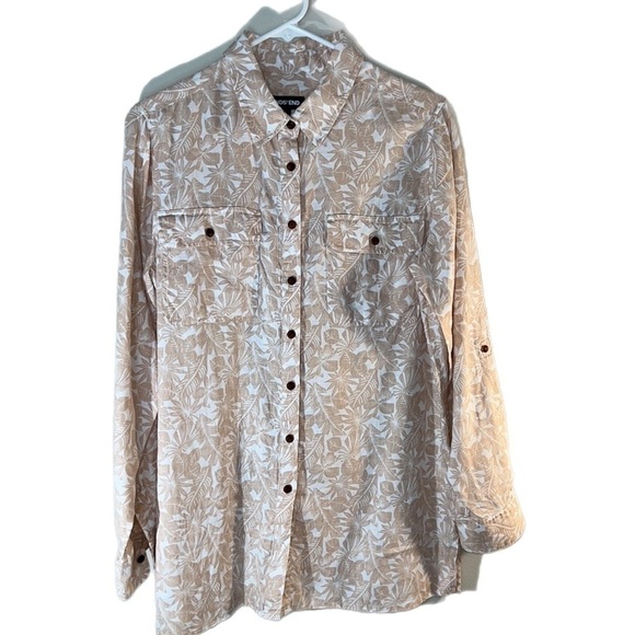 NWOT Lands’ End Floral Patterned 💯  Linen Button Up Shirt Tab Sleeve Cream  M - Picture 1 of 10